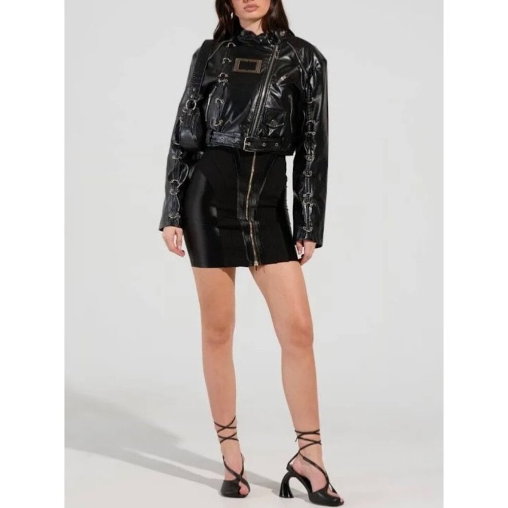 Akira Black Faux Leather Eyelet Cropped Jacket Womens L